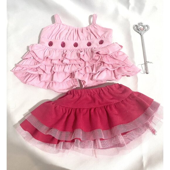 Build a Bear Pink Ruffle Rhinestone Outfit Shirt, Skirt & Wand Wristie - Picture 1 of 8